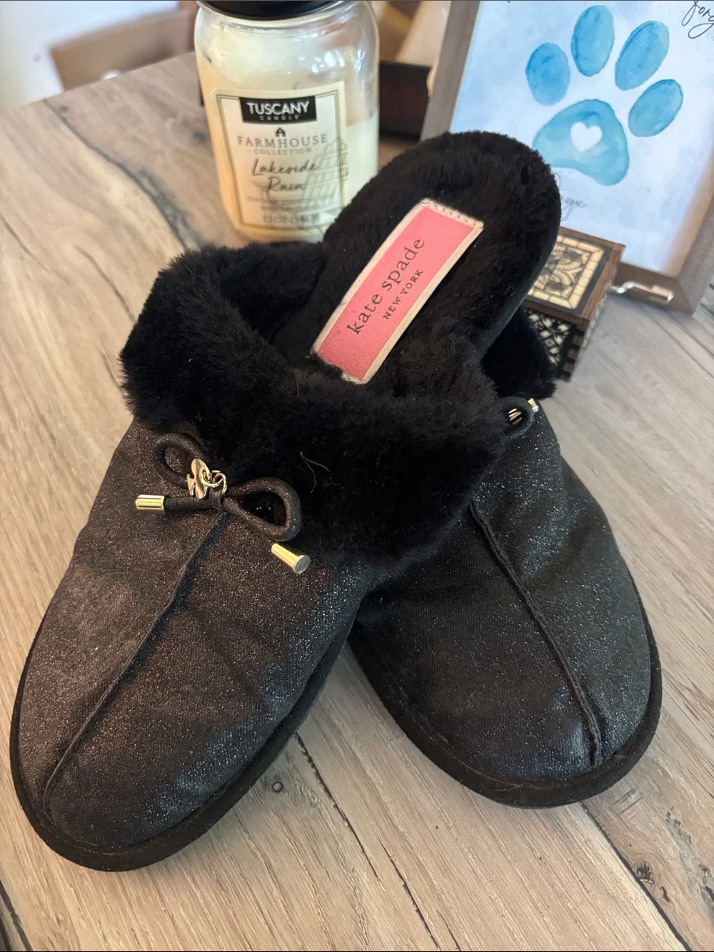 kate spade Black Sparkle Faux-Fur Slip-On Slippers